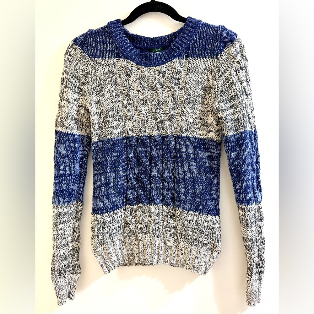 J. Crew Cotton Linen Chunky Cable Knit Striped Sweater Navy Gray Size S